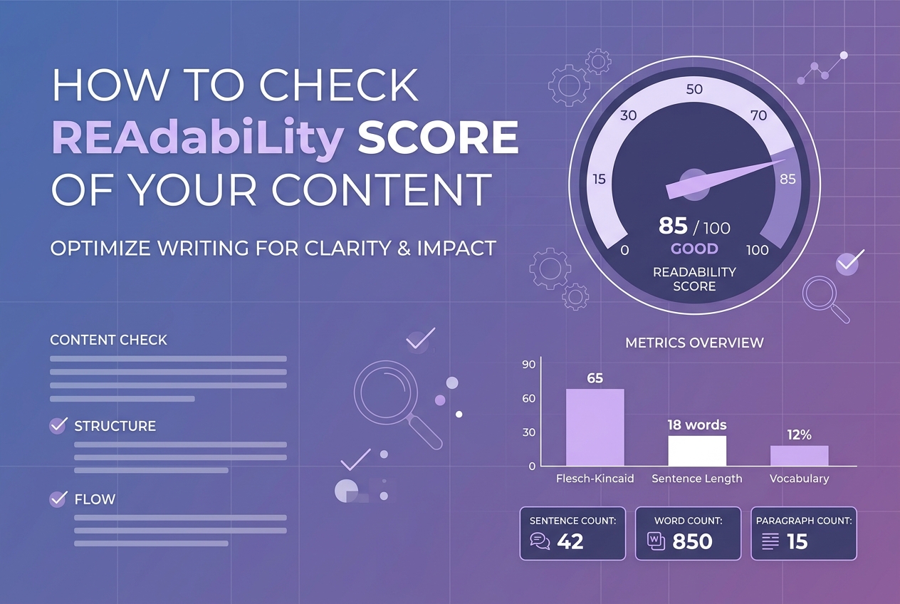 Readability score metrics dashboard showing Flesch-Kincaid, sentence length, and vocabulary indicators